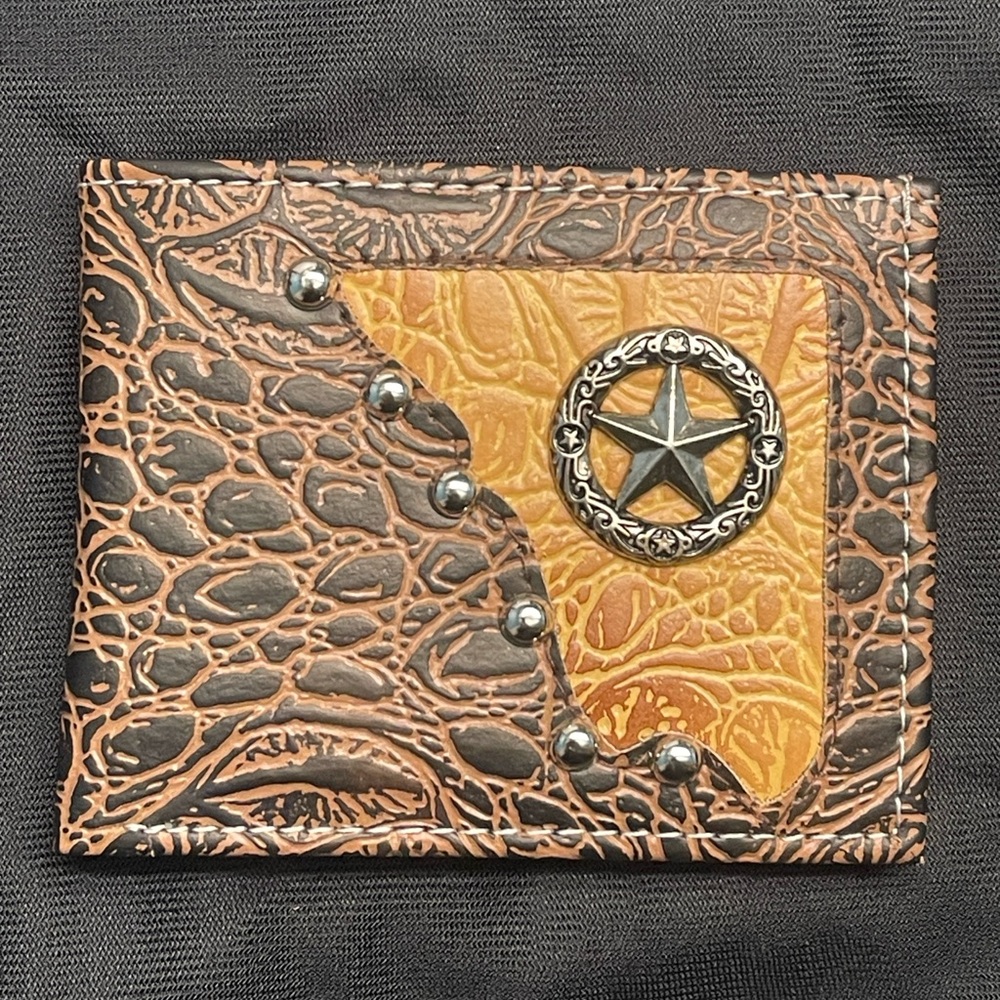 Western Brown Crocodile Skin Wallet With Star Emblem BiFold With ID Window